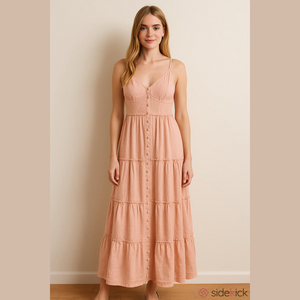 Sim & Sam Linen Blend Boho Corset Style Top Fit & Flare Button-Front Maxi Dress